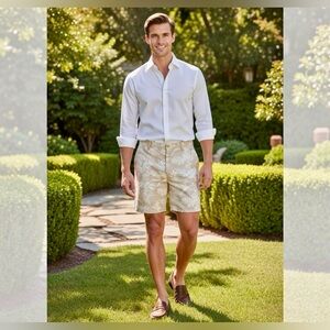 CHAPS Ralph Lauren Men’s Palm Leaf Linen Blend Tan Chino Shorts Size 36 EUC #52